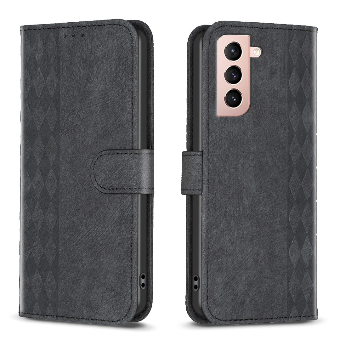 Samsung Galaxy S21 5G Plaid Embossed Leather Phone Case – Premium Wallet Kickstand & Shock Absorption for Durable Protection