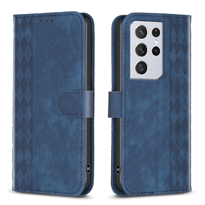 Samsung Galaxy S21 Ultra 5G Plaid Embossed Leather Phone Case – Premium Wallet Kickstand & Shock Absorption for Durable Protection