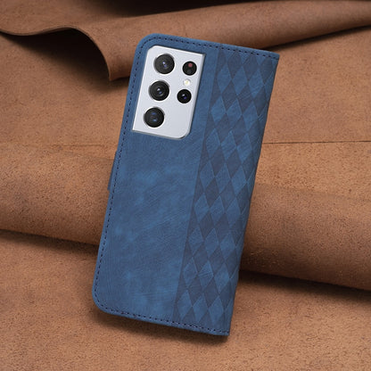 Samsung Galaxy S21 Ultra 5G Plaid Embossed Leather Phone Case – Premium Wallet Kickstand & Shock Absorption for Durable Protection