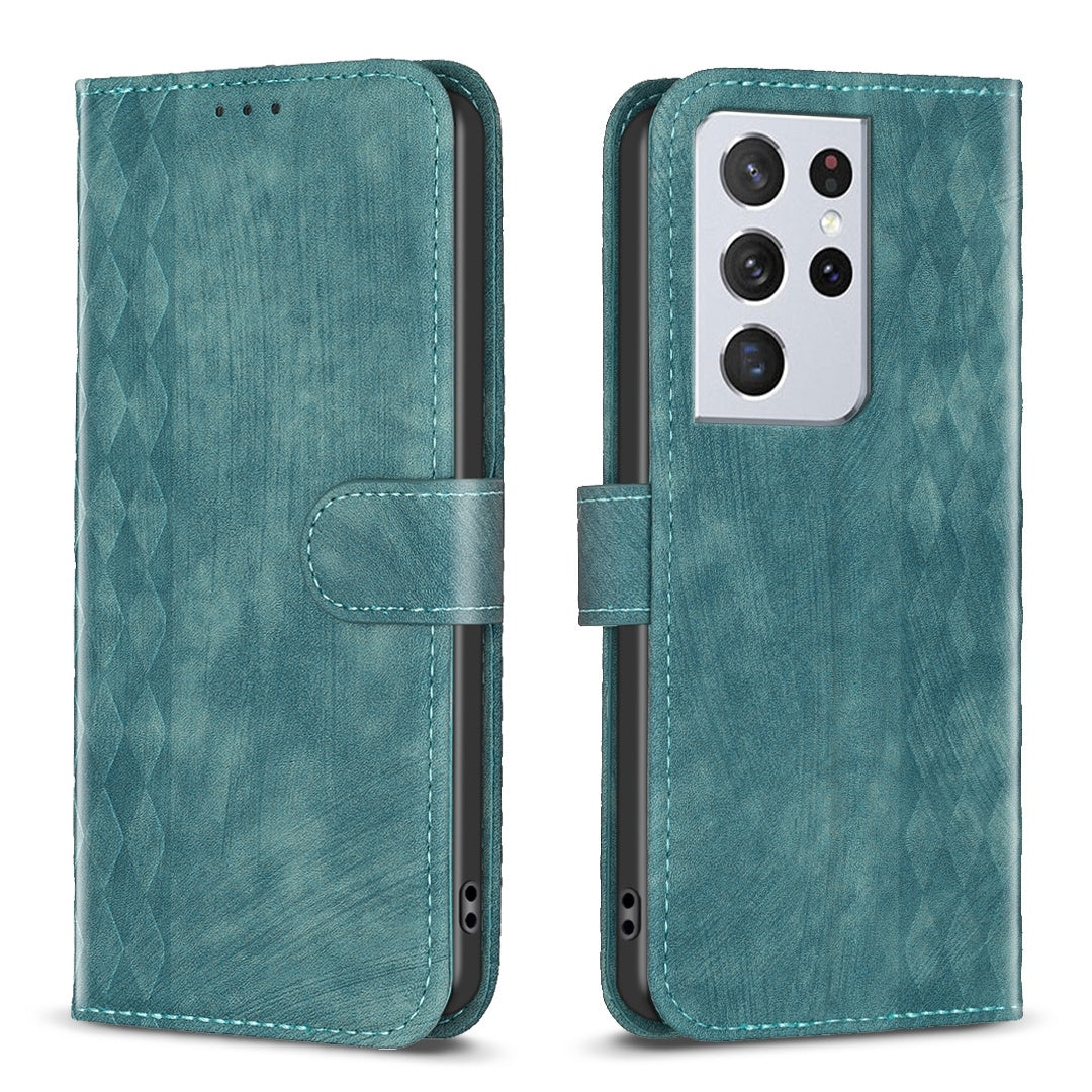 Samsung Galaxy S21 Ultra 5G Plaid Embossed Leather Phone Case – Premium Wallet Kickstand & Shock Absorption for Durable Protection