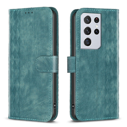Samsung Galaxy S21 Ultra 5G Plaid Embossed Leather Phone Case – Premium Wallet Kickstand & Shock Absorption for Durable Protection