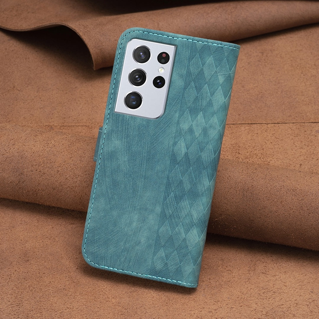 Samsung Galaxy S21 Ultra 5G Plaid Embossed Leather Phone Case – Premium Wallet Kickstand & Shock Absorption for Durable Protection