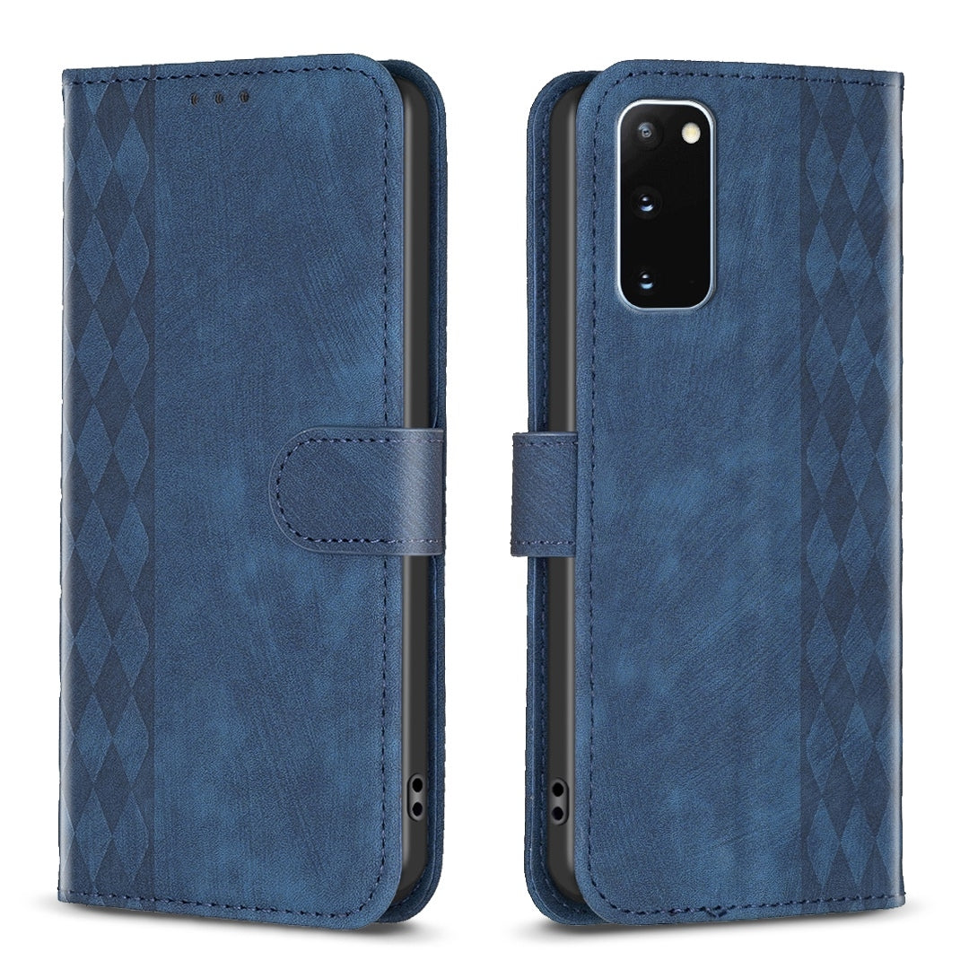 Samsung Galaxy S20 Plaid Embossed Leather Phone Case – Premium Wallet Kickstand & Shock Absorption for Durable Protection