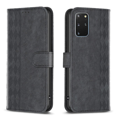 Samsung Galaxy S20+ Plaid Embossed Leather Phone Case – Premium Wallet Kickstand & Shock Absorption for Durable Protection
