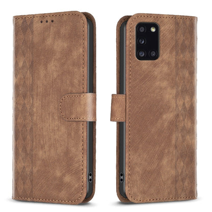 Samsung Galaxy A31 Plaid Embossed Leather Phone Case – Premium Wallet Kickstand & Shock Absorption for Durable Protection