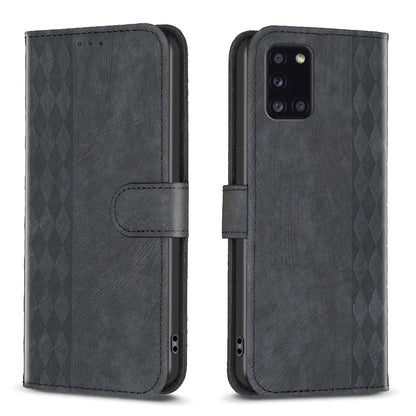 Samsung Galaxy A31 Plaid Embossed Leather Phone Case – Premium Wallet Kickstand & Shock Absorption for Durable Protection