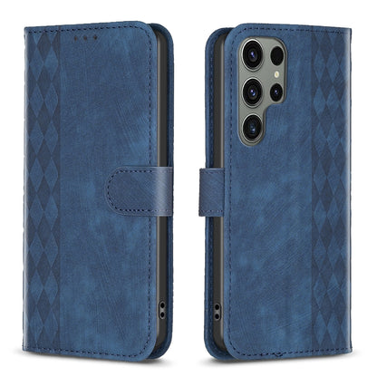 Samsung Galaxy S24 Ultra 5G Plaid Embossed Leather Phone Case – Premium Wallet Kickstand & Shock Absorption for Durable Protection
