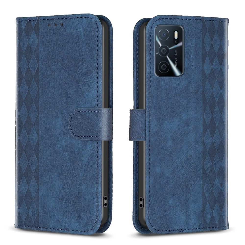 OPPO A55 Plaid Embossed Leather Phone Case – Premium Wallet Kickstand & Shock Absorption for Durable Protection