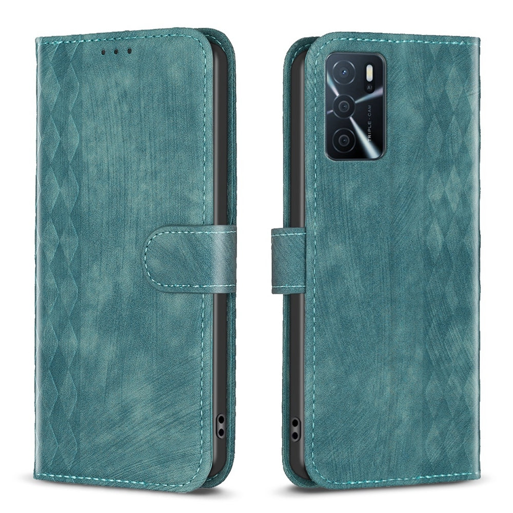 OPPO A55 Plaid Embossed Leather Phone Case – Premium Wallet Kickstand & Shock Absorption for Durable Protection