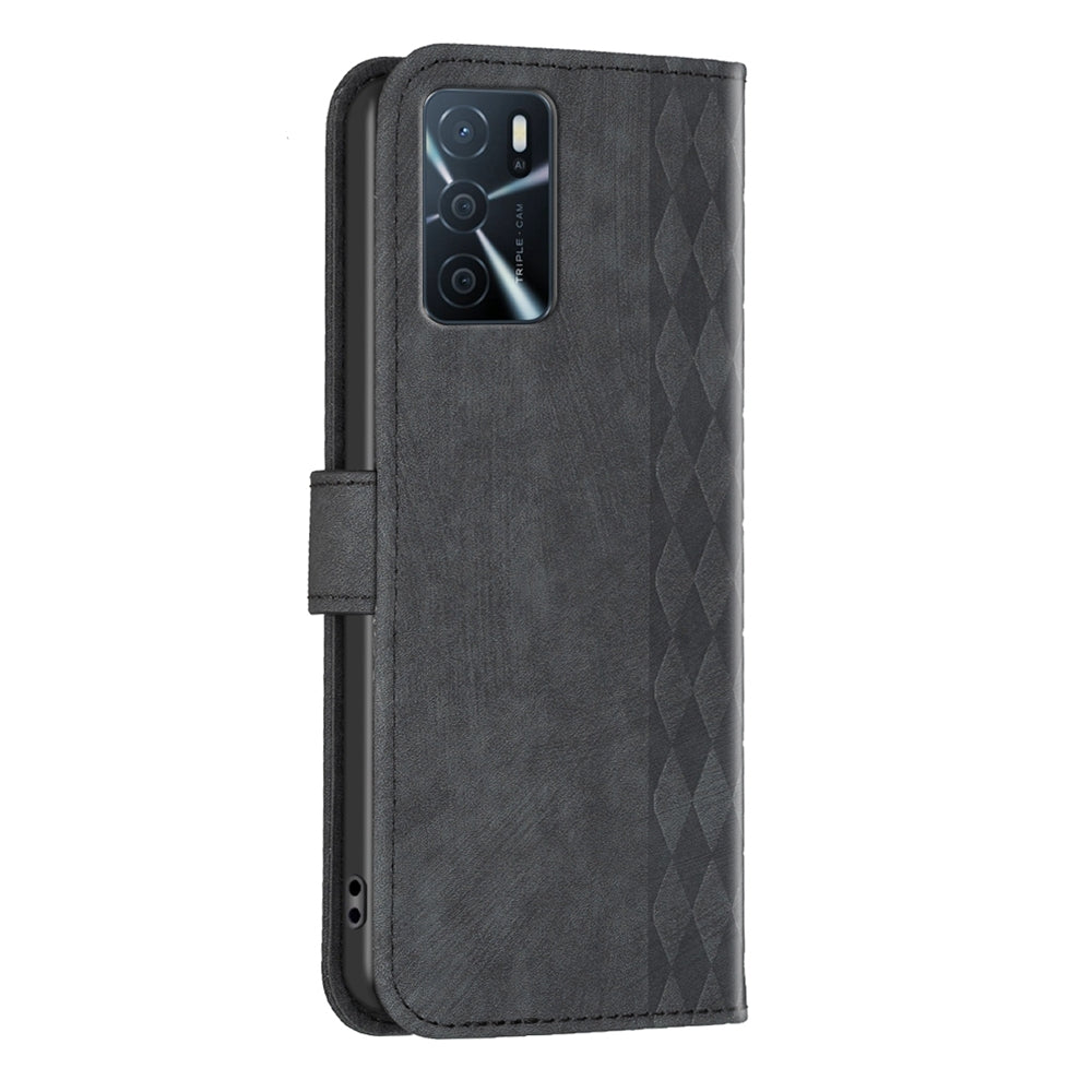 OPPO A55 Plaid Embossed Leather Phone Case – Premium Wallet Kickstand & Shock Absorption for Durable Protection