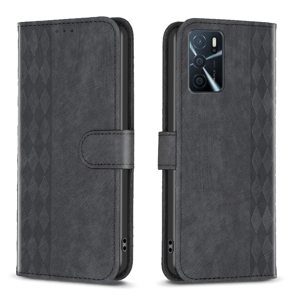 OPPO A55 Plaid Embossed Leather Phone Case – Premium Wallet Kickstand & Shock Absorption for Durable Protection