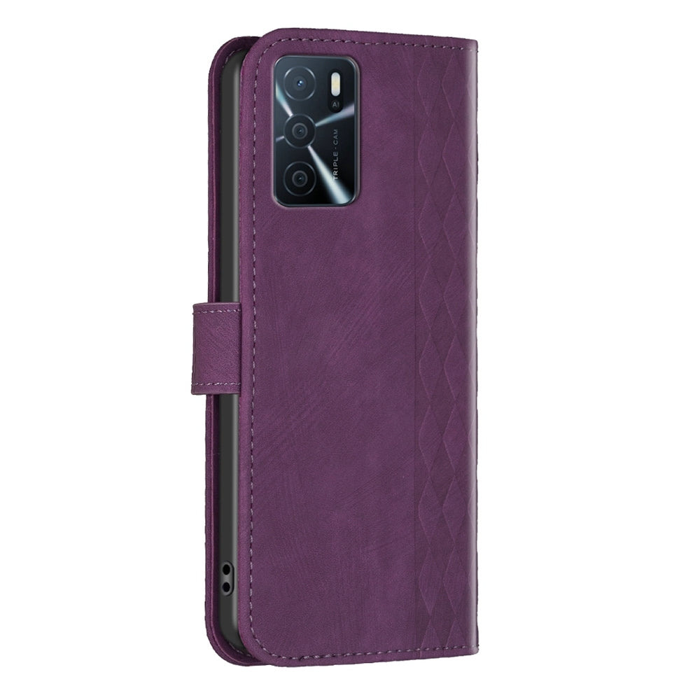 OPPO A55 Plaid Embossed Leather Phone Case – Premium Wallet Kickstand & Shock Absorption for Durable Protection