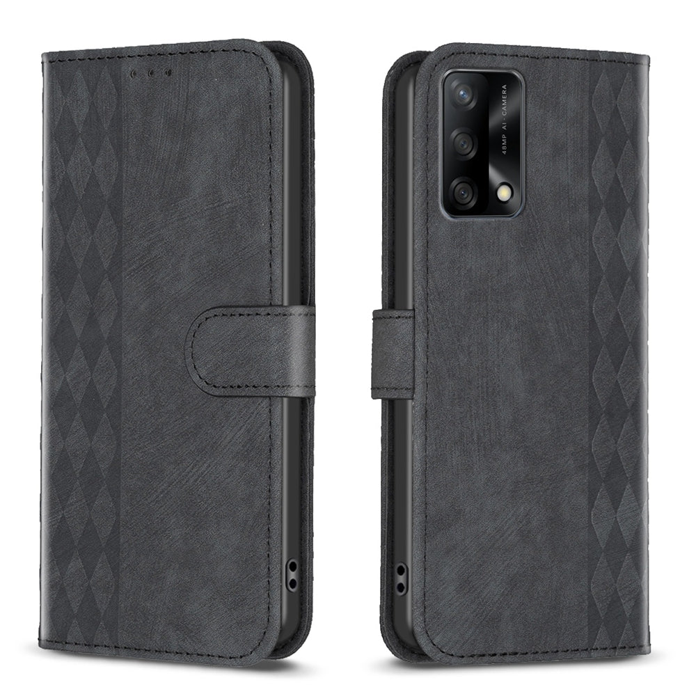 OPPO F19 4G Plaid Embossed Leather Phone Case – Premium Wallet Kickstand & Shock Absorption for Durable Protection