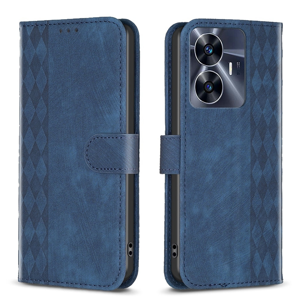 Realme C55 Plaid Embossed Leather Phone Case – Premium Wallet Kickstand & Shock Absorption for Durable Protection