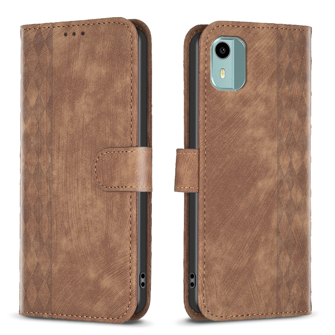 Nokia C12 Plaid Embossed Leather Phone Case – Premium Wallet Kickstand & Shock Absorption for Durable Protection