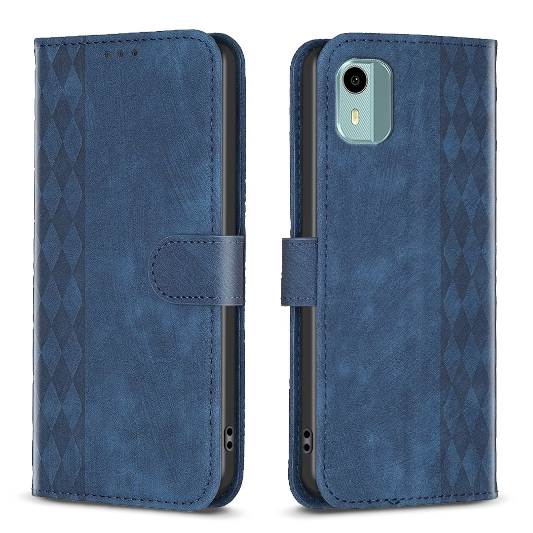 Nokia C12 Plaid Embossed Leather Phone Case – Premium Wallet Kickstand & Shock Absorption for Durable Protection