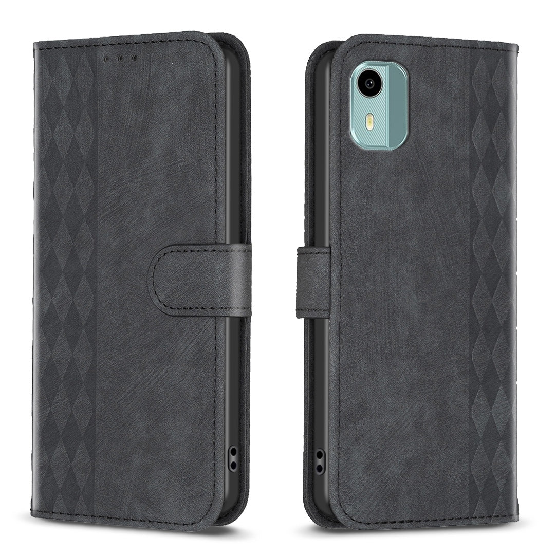 Nokia C12 Plaid Embossed Leather Phone Case – Premium Wallet Kickstand & Shock Absorption for Durable Protection