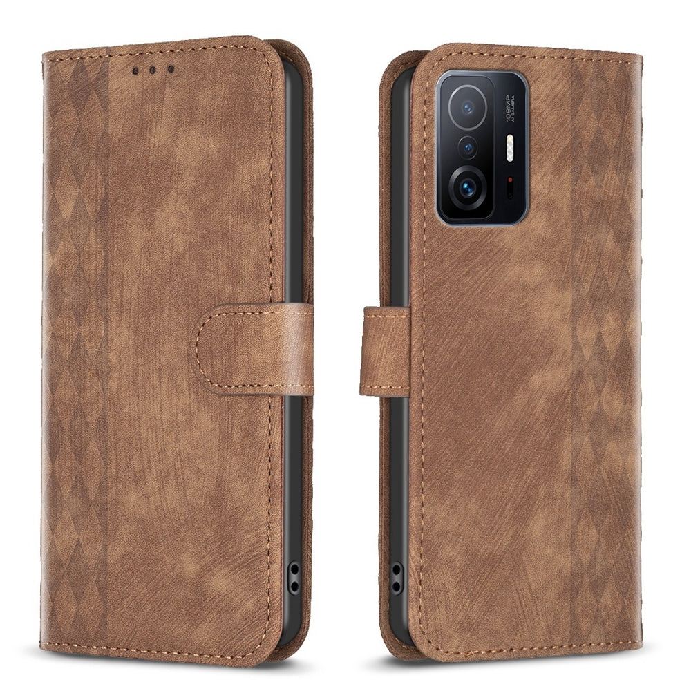 Xiaomi 11T Pro Plaid Embossed Leather Phone Case – Premium Wallet Kickstand & Shock Absorption for Durable Protection