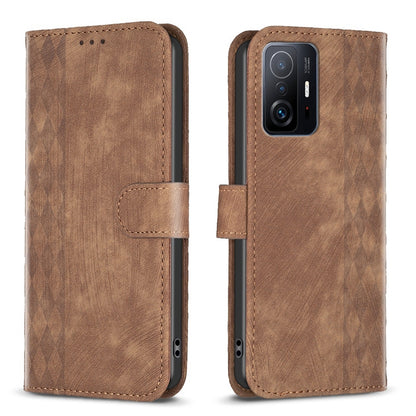 Xiaomi 11T Pro Plaid Embossed Leather Phone Case – Premium Wallet Kickstand & Shock Absorption for Durable Protection