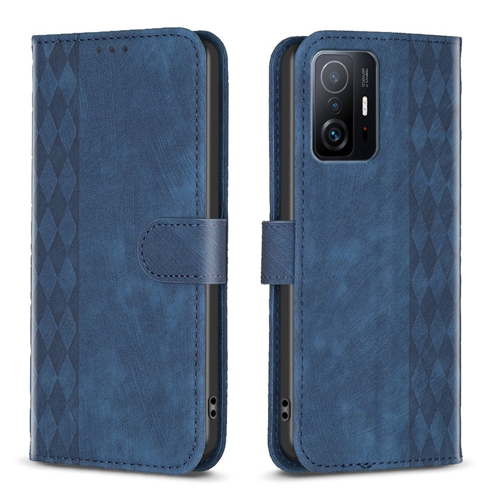 Xiaomi 11T Pro Plaid Embossed Leather Phone Case – Premium Wallet Kickstand & Shock Absorption for Durable Protection