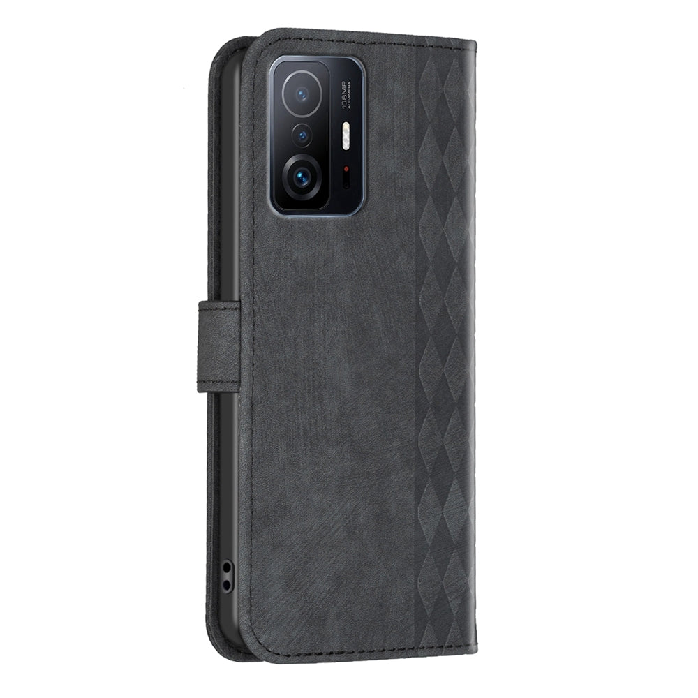 Xiaomi 11T Pro Plaid Embossed Leather Phone Case – Premium Wallet Kickstand & Shock Absorption for Durable Protection