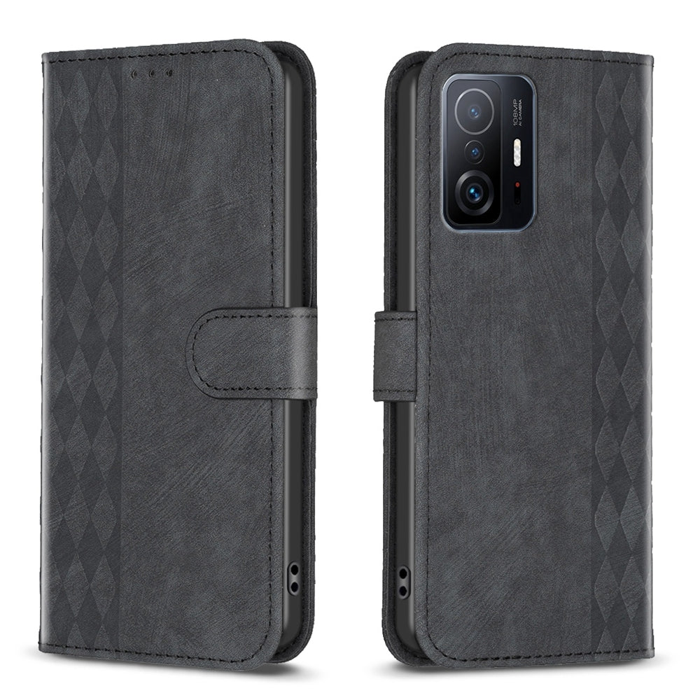 Xiaomi 11T Pro Plaid Embossed Leather Phone Case – Premium Wallet Kickstand & Shock Absorption for Durable Protection