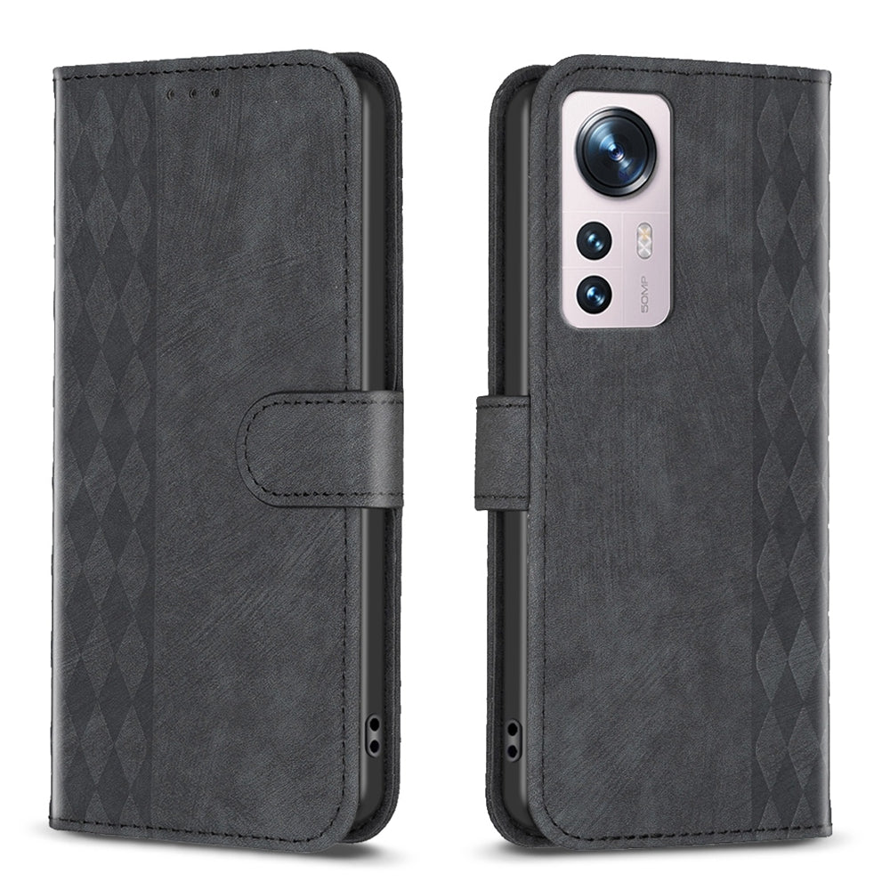 Xiaomi 12 Plaid Embossed Leather Phone Case – Premium Wallet Kickstand & Shock Absorption for Durable Protection