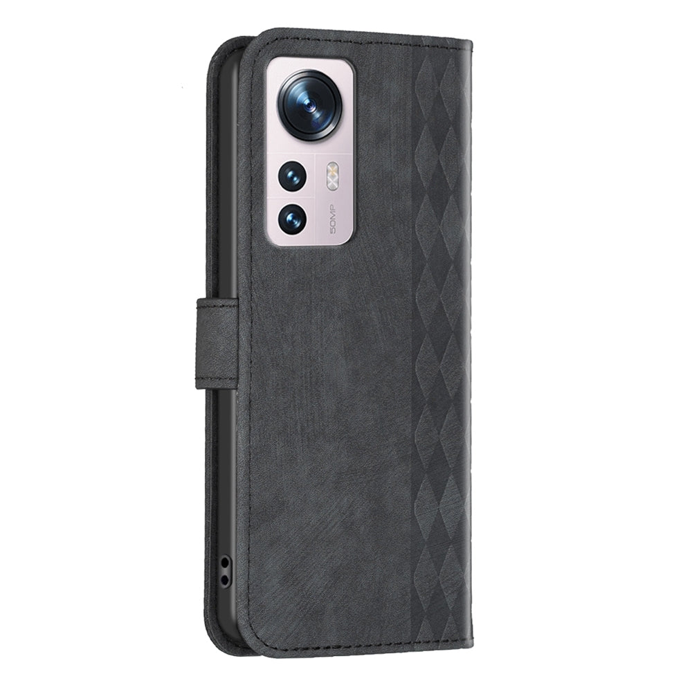 Xiaomi 12 Plaid Embossed Leather Phone Case – Premium Wallet Kickstand & Shock Absorption for Durable Protection