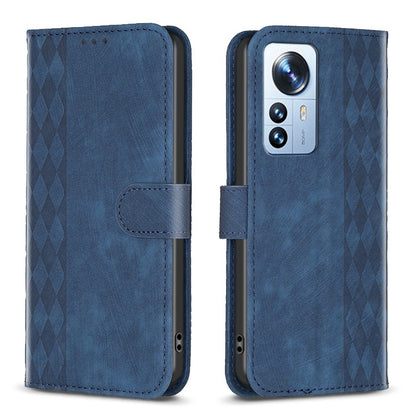 Xiaomi 12 Pro Plaid Embossed Leather Phone Case – Premium Wallet Kickstand & Shock Absorption for Durable Protection