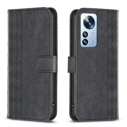 Xiaomi 12 Pro Plaid Embossed Leather Phone Case – Premium Wallet Kickstand & Shock Absorption for Durable Protection