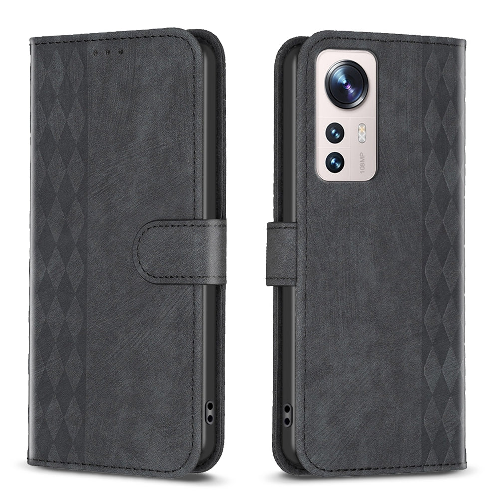 Xiaomi 12 Lite Plaid Embossed Leather Phone Case – Premium Wallet Kickstand & Shock Absorption for Durable Protection
