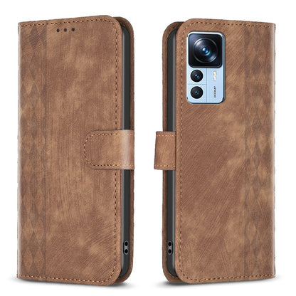 Xiaomi 12T Pro Plaid Embossed Leather Phone Case – Premium Wallet Kickstand & Shock Absorption for Durable Protection