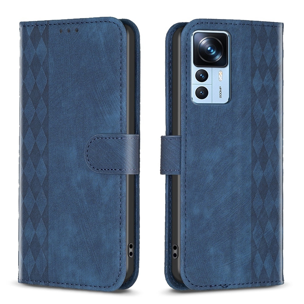 Xiaomi 12T Pro Plaid Embossed Leather Phone Case – Premium Wallet Kickstand & Shock Absorption for Durable Protection