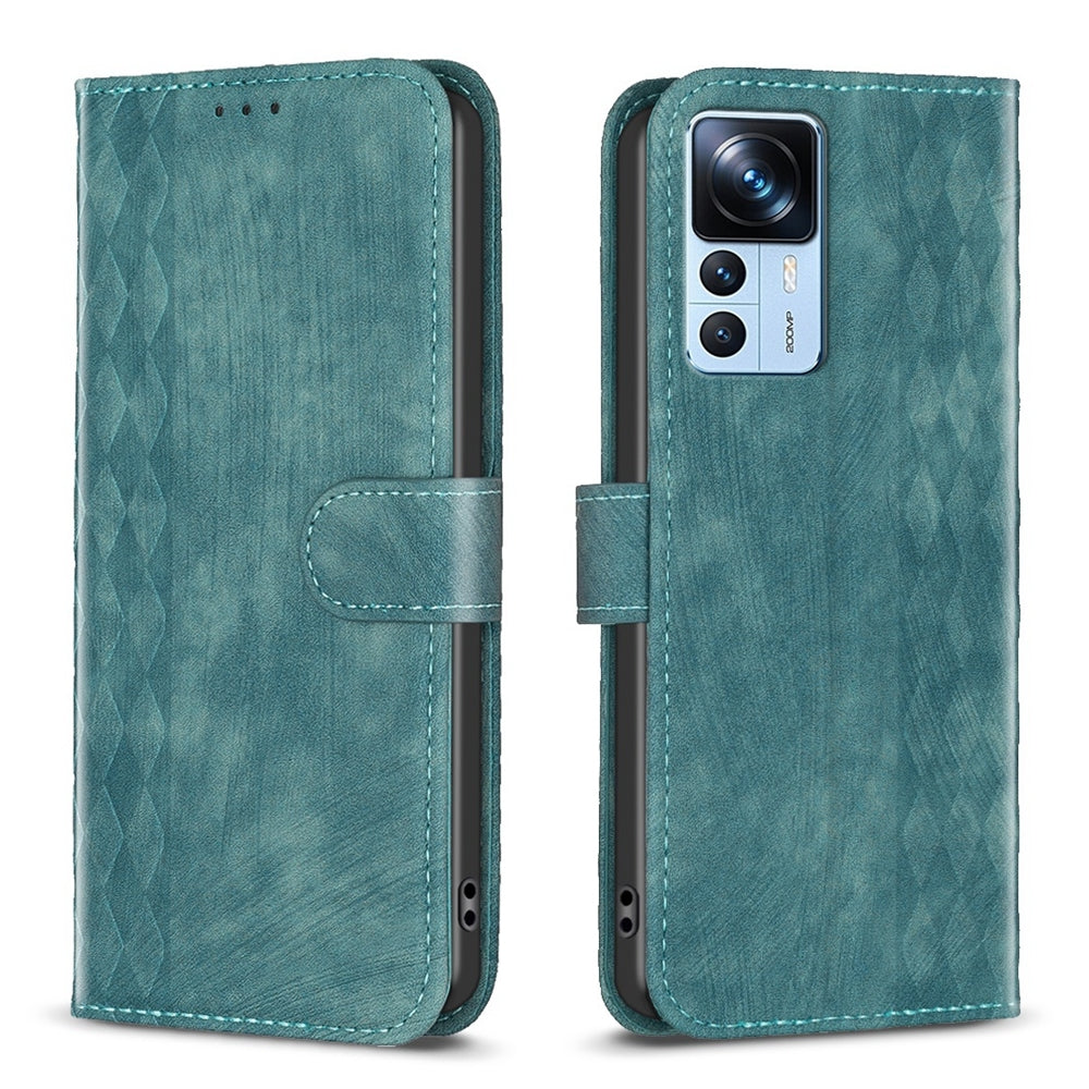 Xiaomi 12T Pro Plaid Embossed Leather Phone Case – Premium Wallet Kickstand & Shock Absorption for Durable Protection
