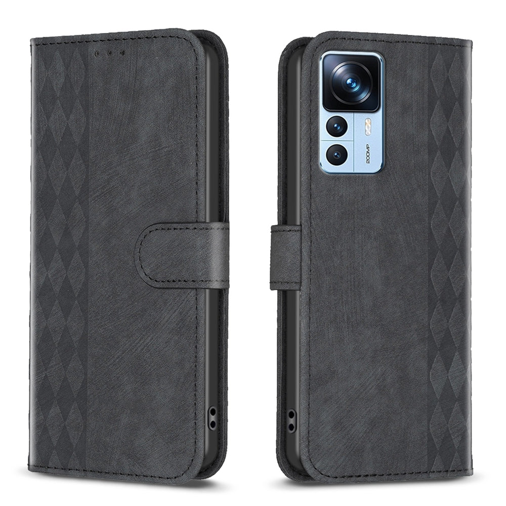 Xiaomi 12T Plaid Embossed Leather Phone Case – Premium Wallet Kickstand & Shock Absorption for Durable Protection