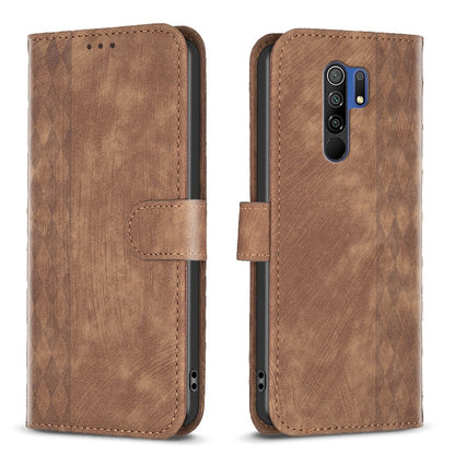Xiaomi Redmi 9 Plaid Embossed Leather Phone Case – Premium Wallet Kickstand & Shock Absorption for Durable Protection