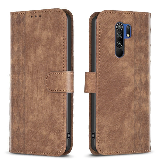 Xiaomi Redmi 9 Plaid Embossed Leather Phone Case – Premium Wallet Kickstand & Shock Absorption for Durable Protection