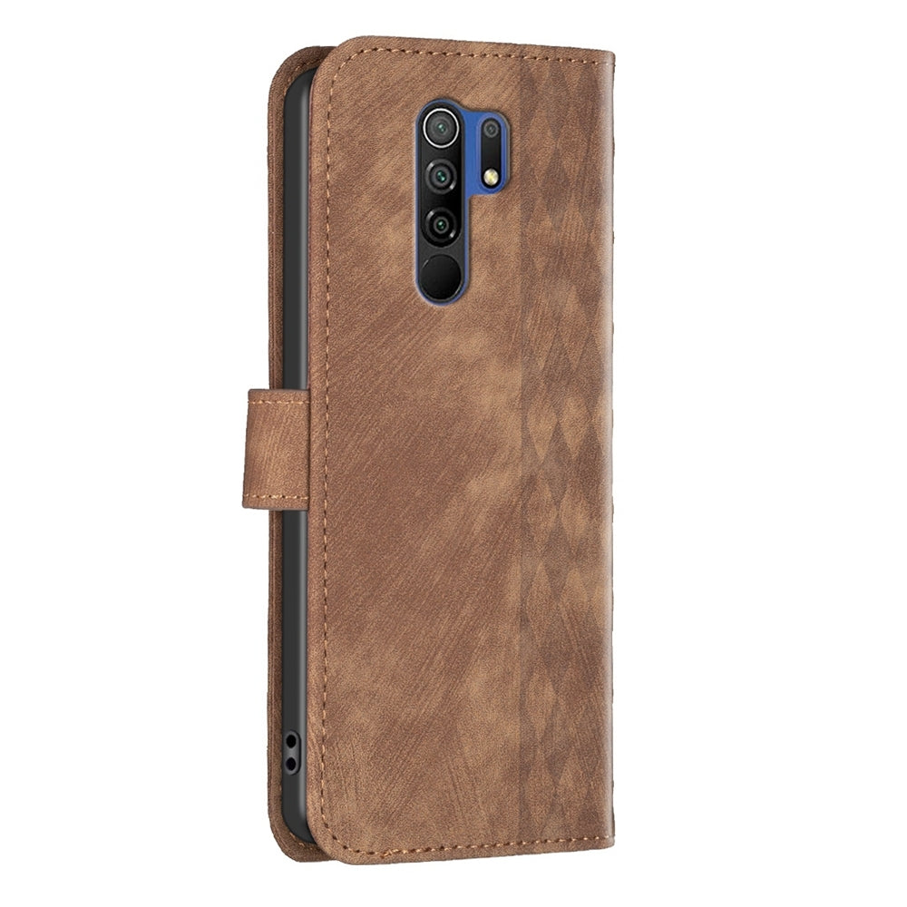 Xiaomi Redmi 9 Plaid Embossed Leather Phone Case – Premium Wallet Kickstand & Shock Absorption for Durable Protection