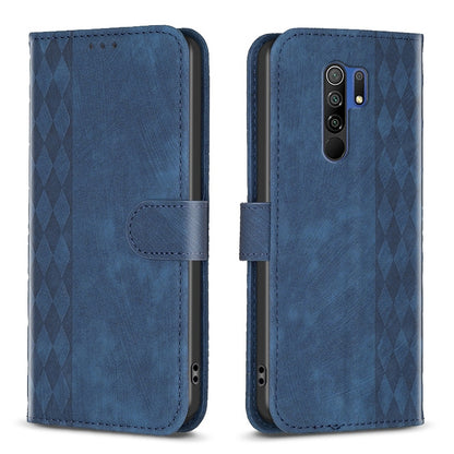 Xiaomi Redmi 9 Plaid Embossed Leather Phone Case – Premium Wallet Kickstand & Shock Absorption for Durable Protection