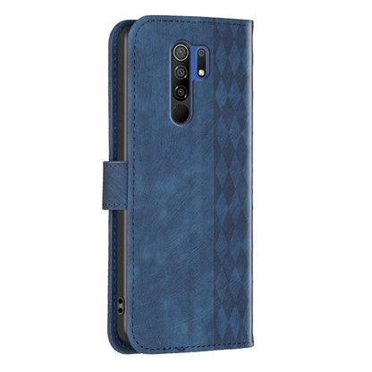 Xiaomi Redmi 9 Plaid Embossed Leather Phone Case – Premium Wallet Kickstand & Shock Absorption for Durable Protection