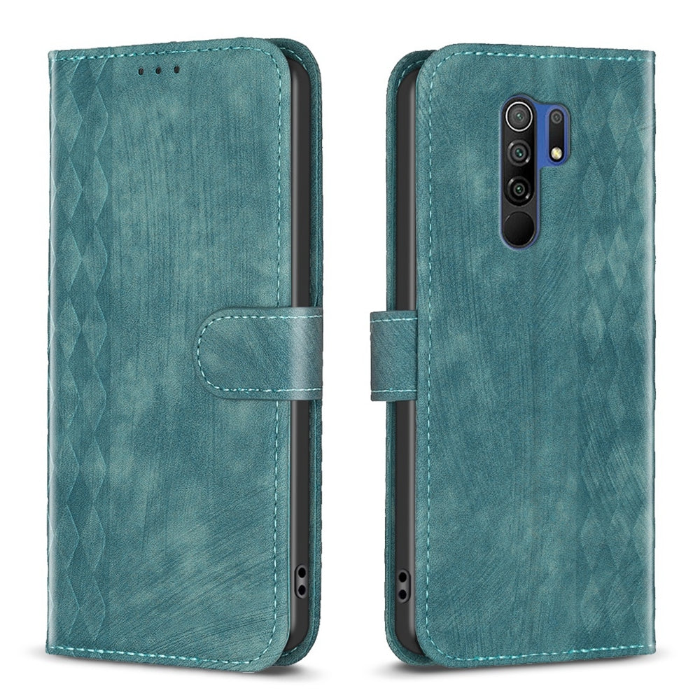 Xiaomi Redmi 9 Plaid Embossed Leather Phone Case – Premium Wallet Kickstand & Shock Absorption for Durable Protection