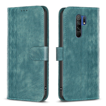 Xiaomi Redmi 9 Plaid Embossed Leather Phone Case – Premium Wallet Kickstand & Shock Absorption for Durable Protection