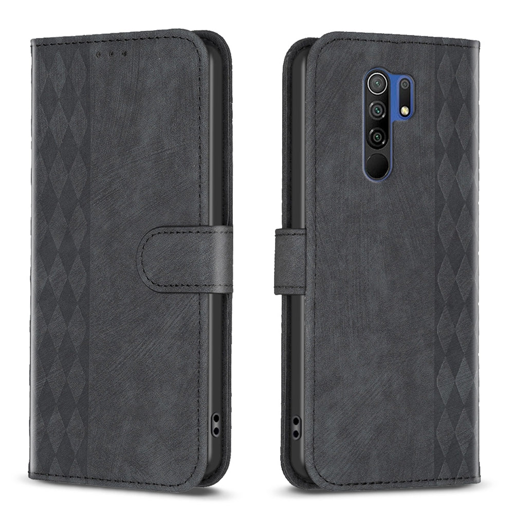 Xiaomi Redmi 9 Plaid Embossed Leather Phone Case – Premium Wallet Kickstand & Shock Absorption for Durable Protection