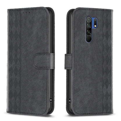 Xiaomi Redmi 9 Plaid Embossed Leather Phone Case – Premium Wallet Kickstand & Shock Absorption for Durable Protection