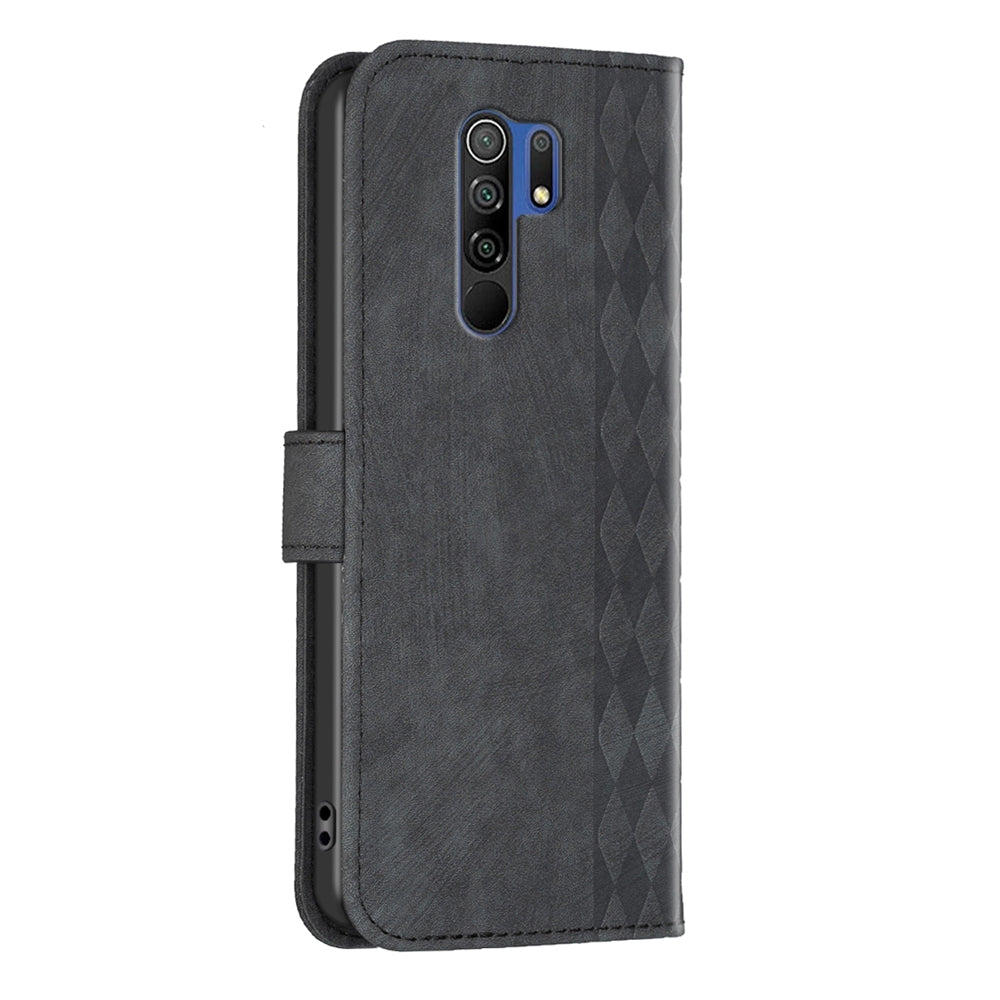 Xiaomi Redmi 9 Plaid Embossed Leather Phone Case – Premium Wallet Kickstand & Shock Absorption for Durable Protection