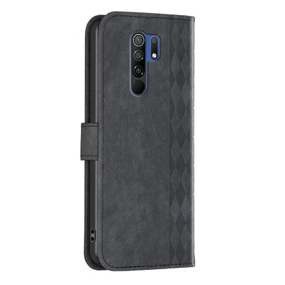 Xiaomi Redmi 9 Plaid Embossed Leather Phone Case – Premium Wallet Kickstand & Shock Absorption for Durable Protection