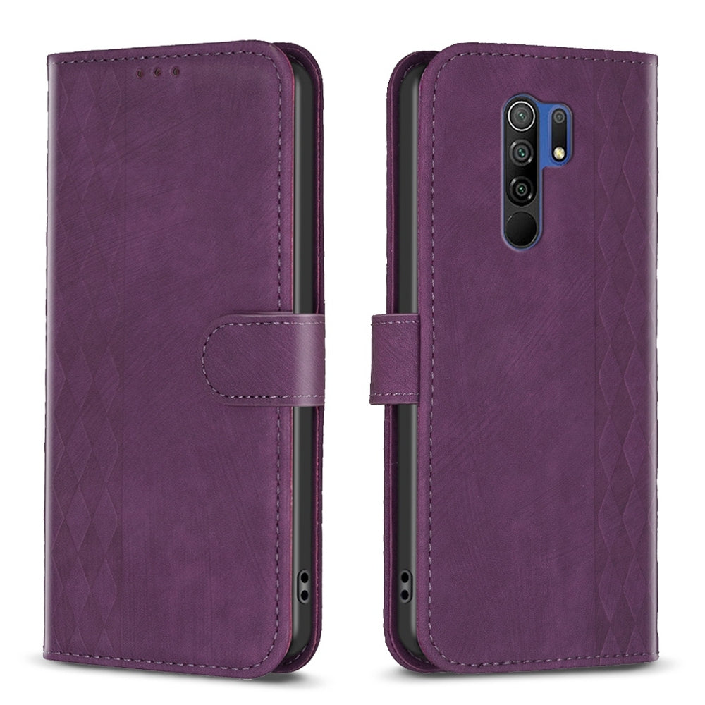 Xiaomi Redmi 9 Plaid Embossed Leather Phone Case – Premium Wallet Kickstand & Shock Absorption for Durable Protection