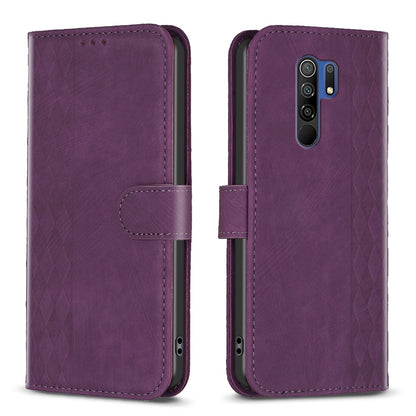 Xiaomi Redmi 9 Plaid Embossed Leather Phone Case – Premium Wallet Kickstand & Shock Absorption for Durable Protection
