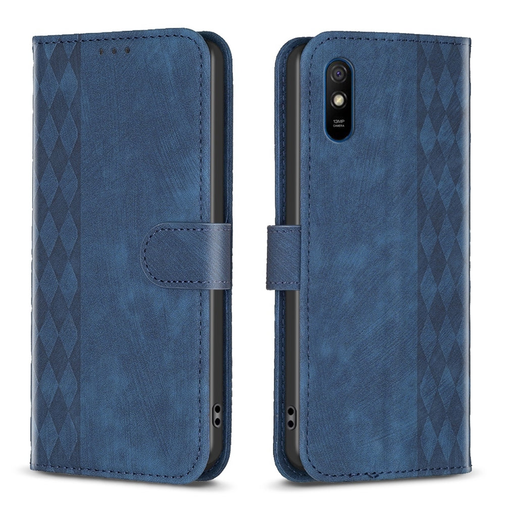 Xiaomi Redmi 9A Plaid Embossed Leather Phone Case – Premium Wallet Kickstand & Shock Absorption for Durable Protection