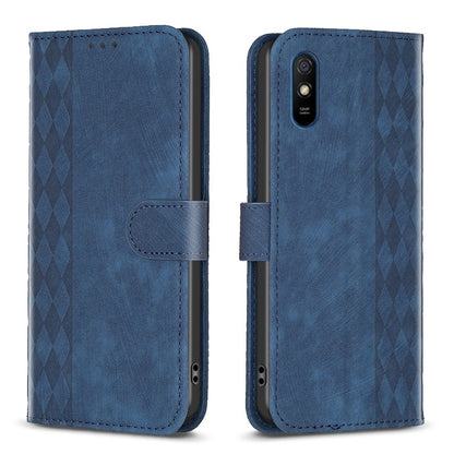 Xiaomi Redmi 9A Plaid Embossed Leather Phone Case – Premium Wallet Kickstand & Shock Absorption for Durable Protection